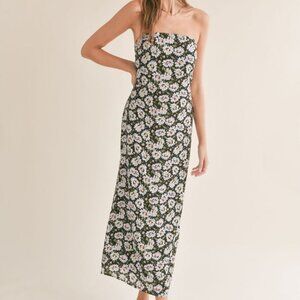 Women's Blue Daisy Side Slit Maxi Dress | Black Multi